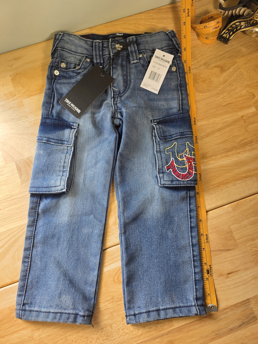 NWT True Religion Girls Cargo Jeans with Red Logo Accent